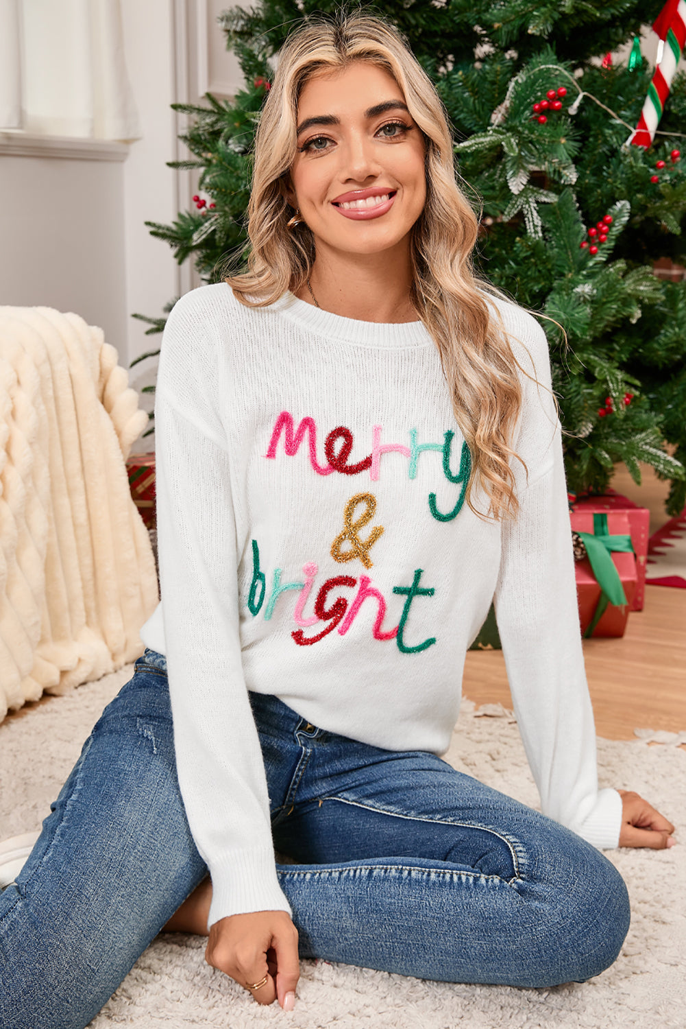 White Glitter Merry & Bright Round Neck Knit Sweater