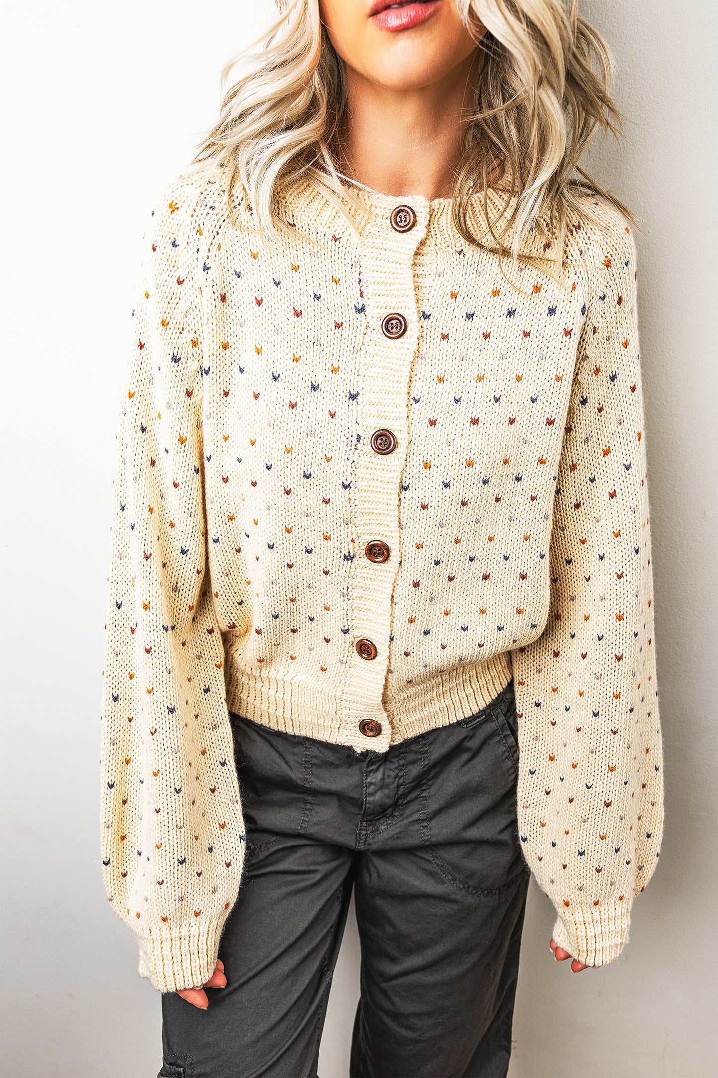 Beige Geometric Print Button Front Long Sleeve Regular Fit Cardigan