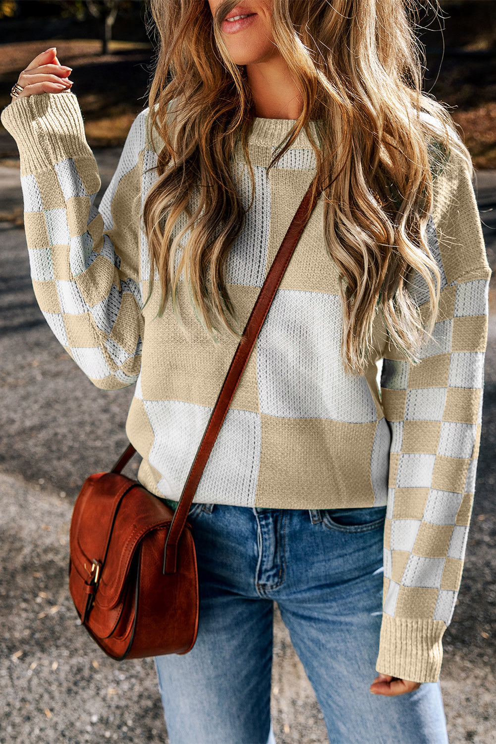 Black Checkered Print Drop Shoulder Sweater