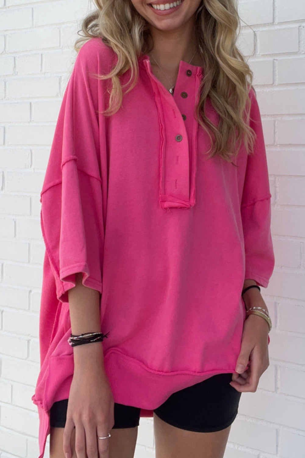 Rose Red Exposed Seam Button Neck Wide Sleeve Tunic Top