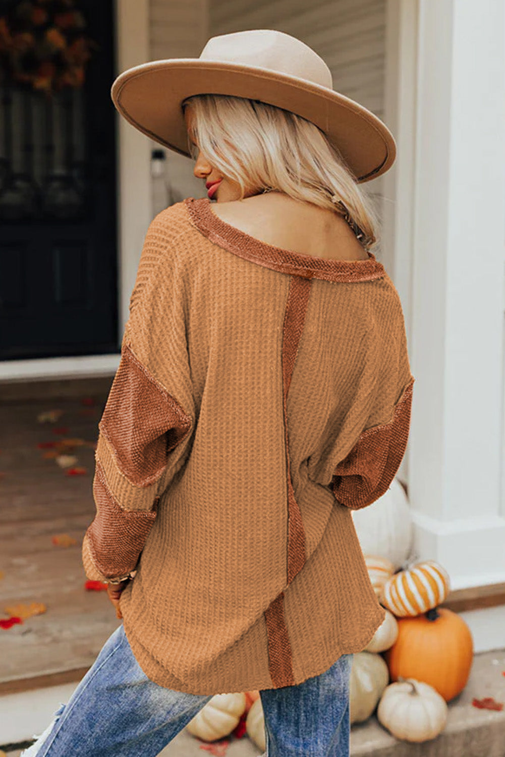 Gray Contrast Patched Exposed Seam Waffle Knit Henley Top