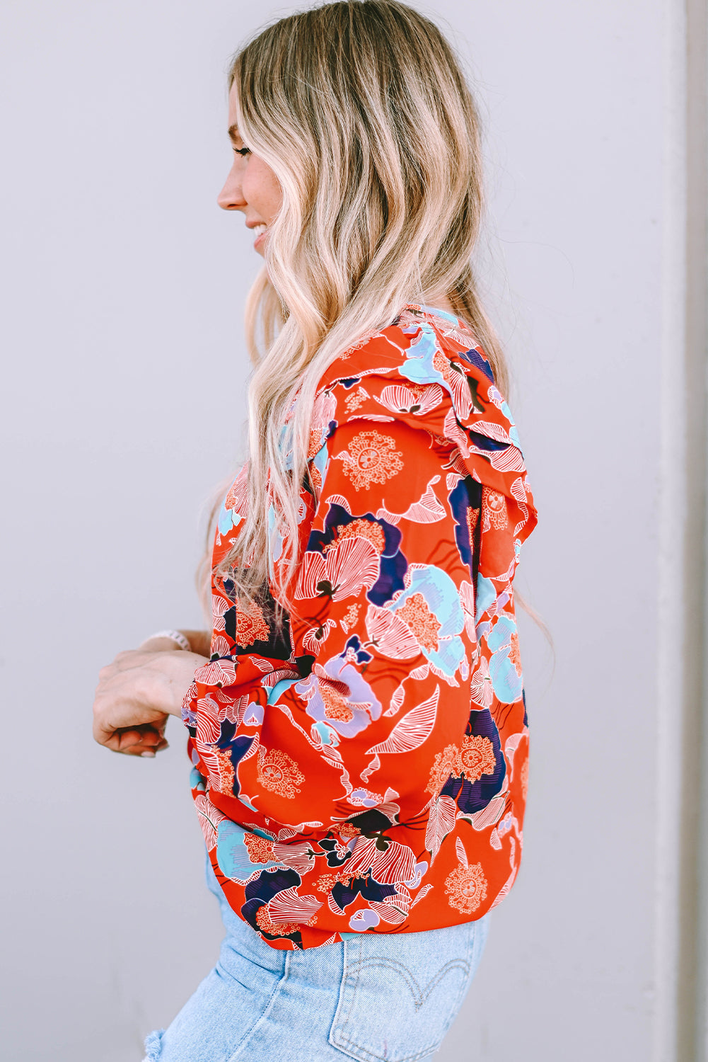 Ginger Floral Print Ruffle Puff Sleeve Blouse