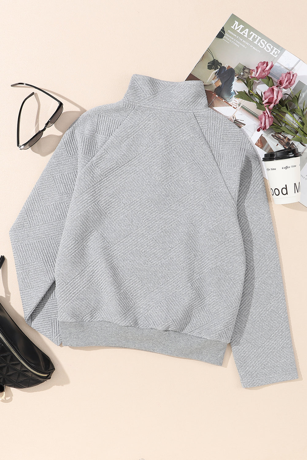 Light Grey Textured Snap Buttons Pullover Plus Size Sweatshirt