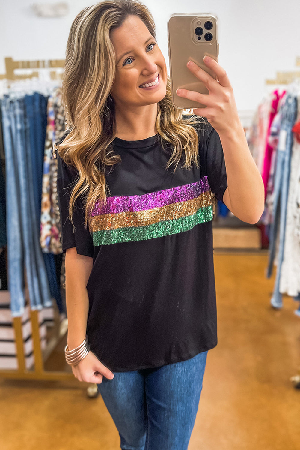 Black Sequin Stripes Patchwork Mardi Gras Crew Neck T Shirt