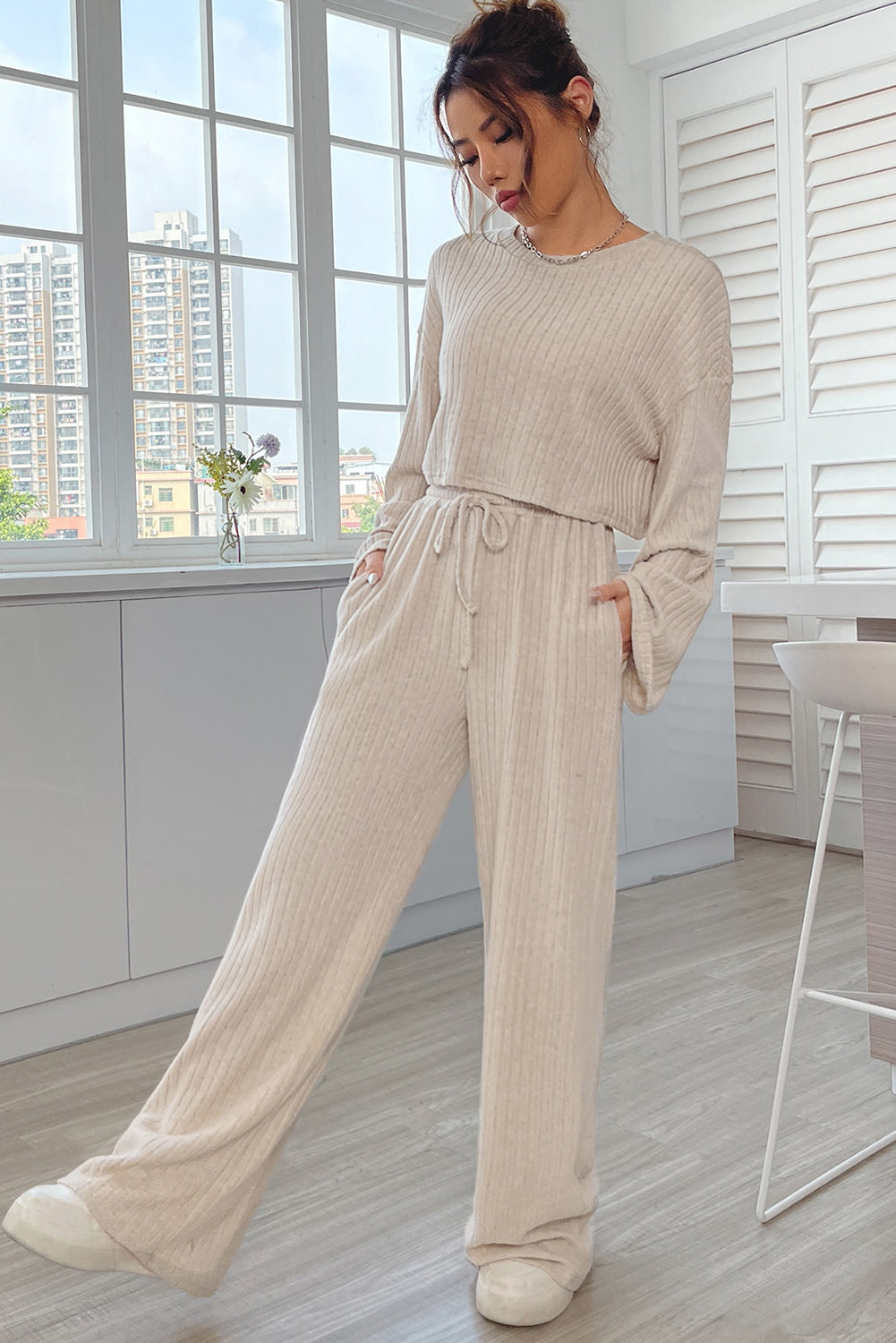 Black Plus Size Ribbed V Neck Pullover and Pants Set