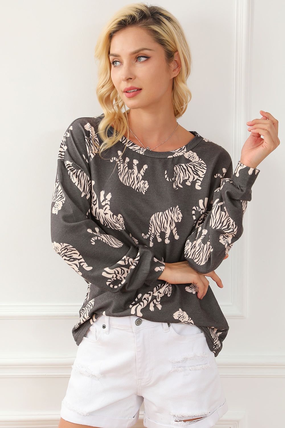 Black Printed Cheetah Print Bubble Sleeve Blouse