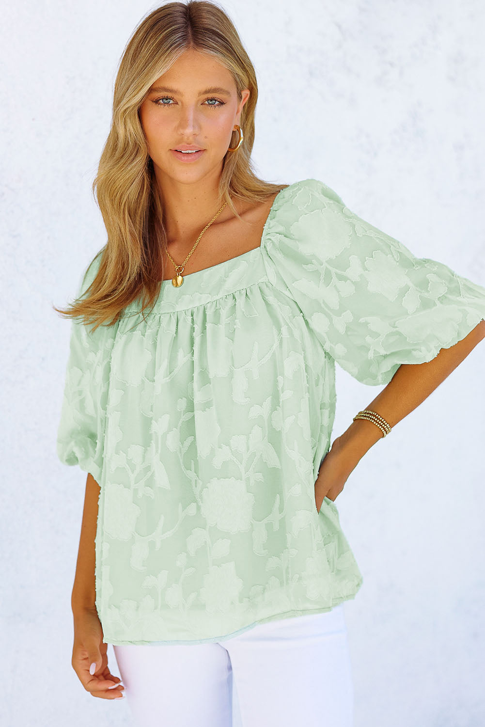 Lush Printed Balloon Sleeve Ruched Chiffon Top