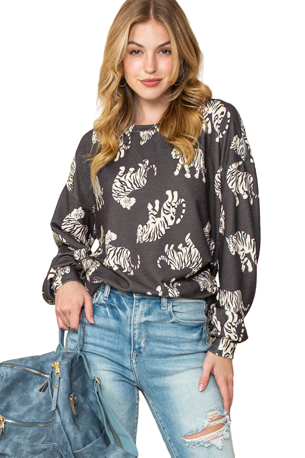 Black Printed Cheetah Print Bubble Sleeve Blouse