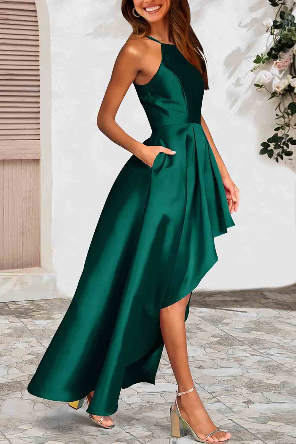 Satin Sleeveless Pleated High Low Dress with Pocket