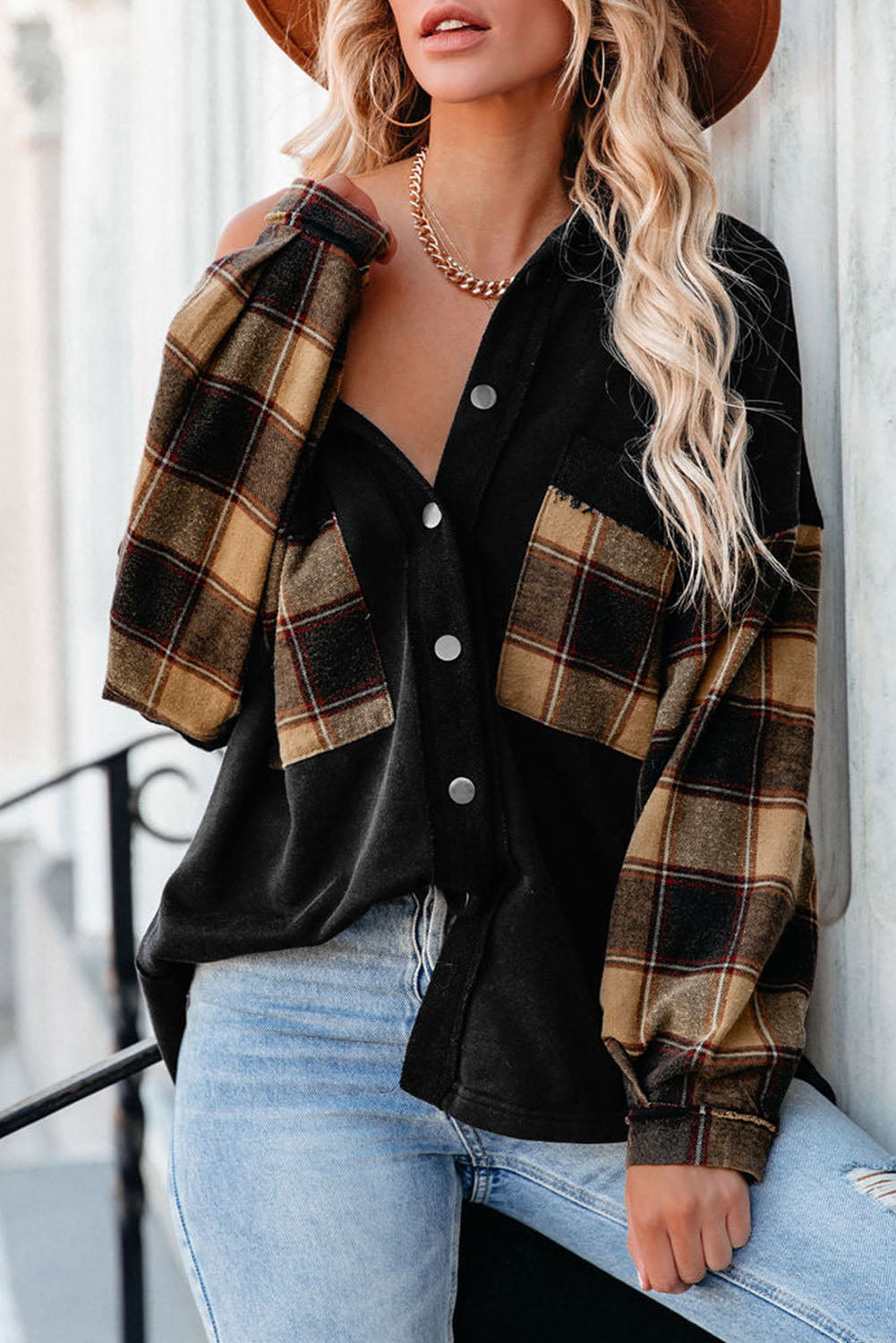 Rose Plaid Patchwork Chest Pockets Oversized Shirt Jacket