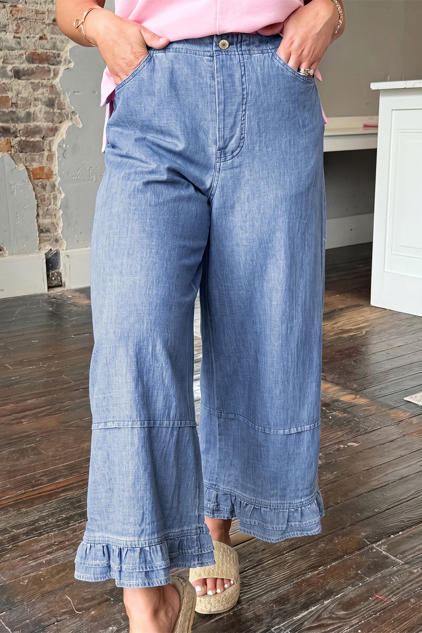 Light Blue Ruffle Hem Wide Leg Full Length Plus Size Jeans