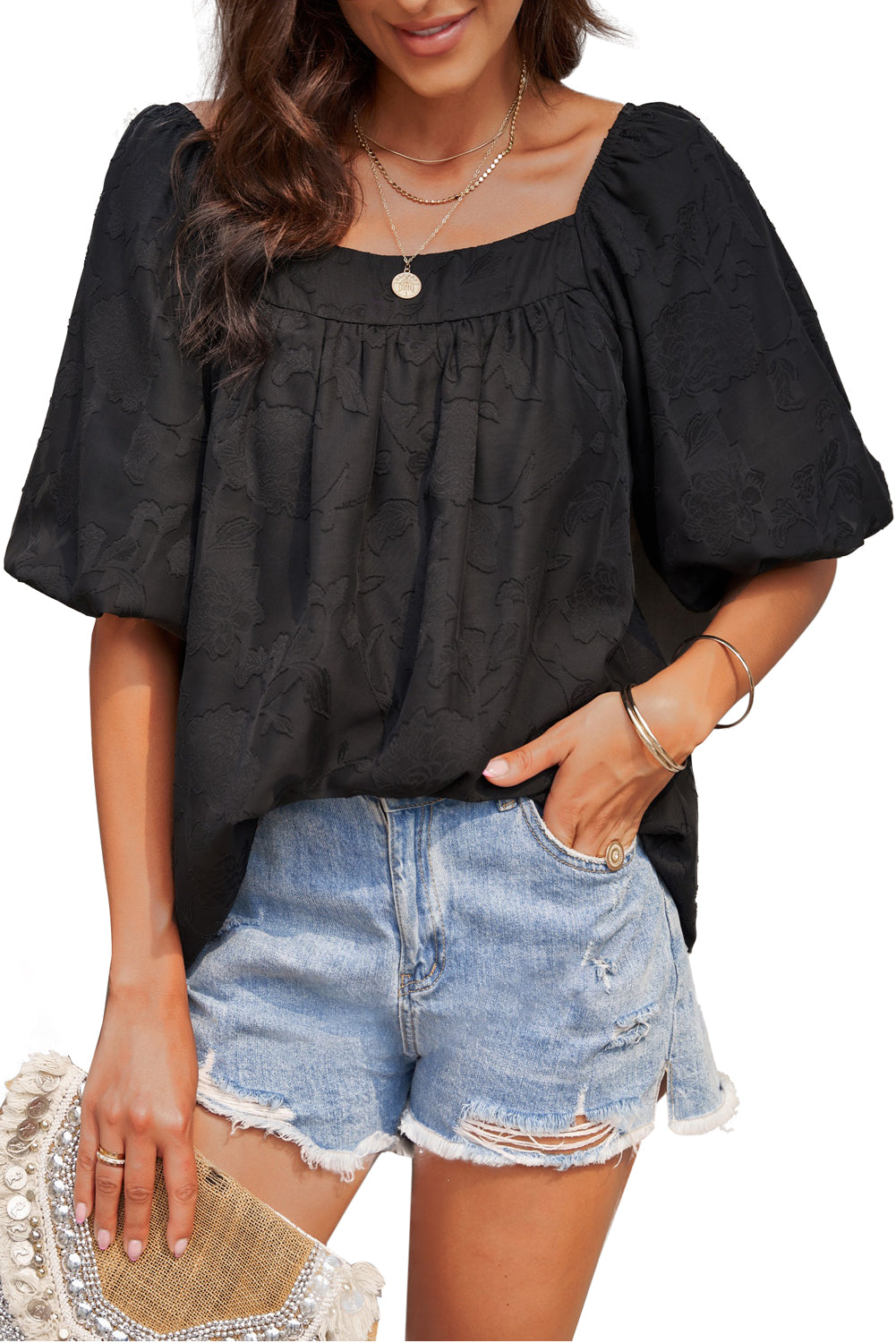 Lush Printed Balloon Sleeve Ruched Chiffon Top