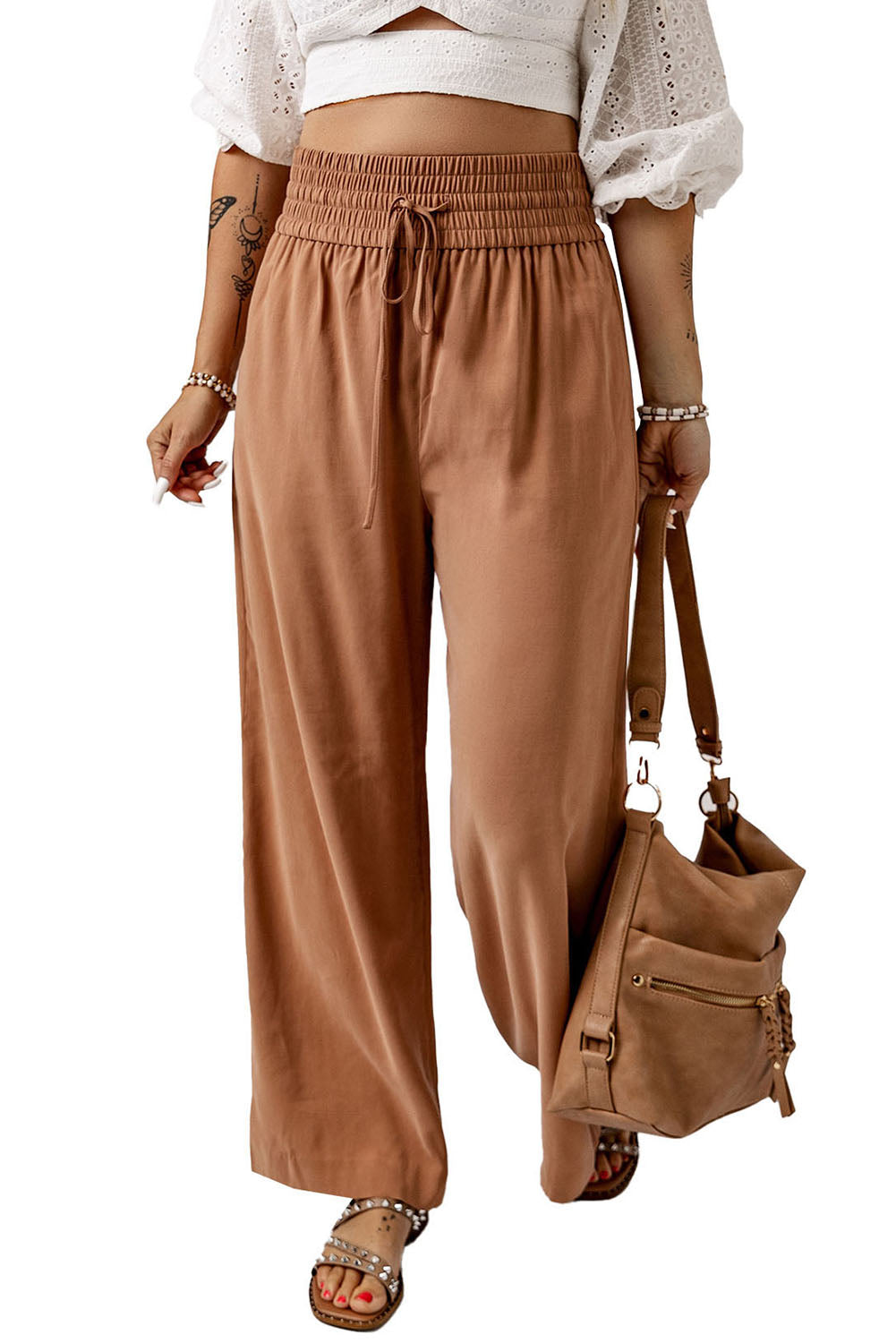 Casual Drawstring Shirred Elastic Waist Wide Leg Pants