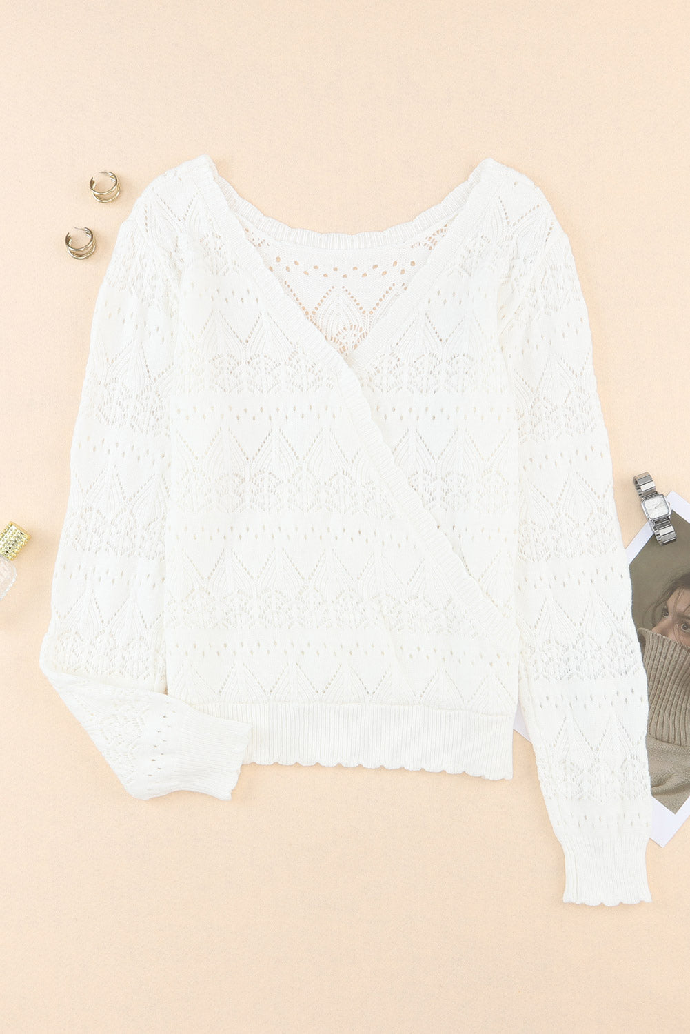 Surplice V Openwork Textured Sweater