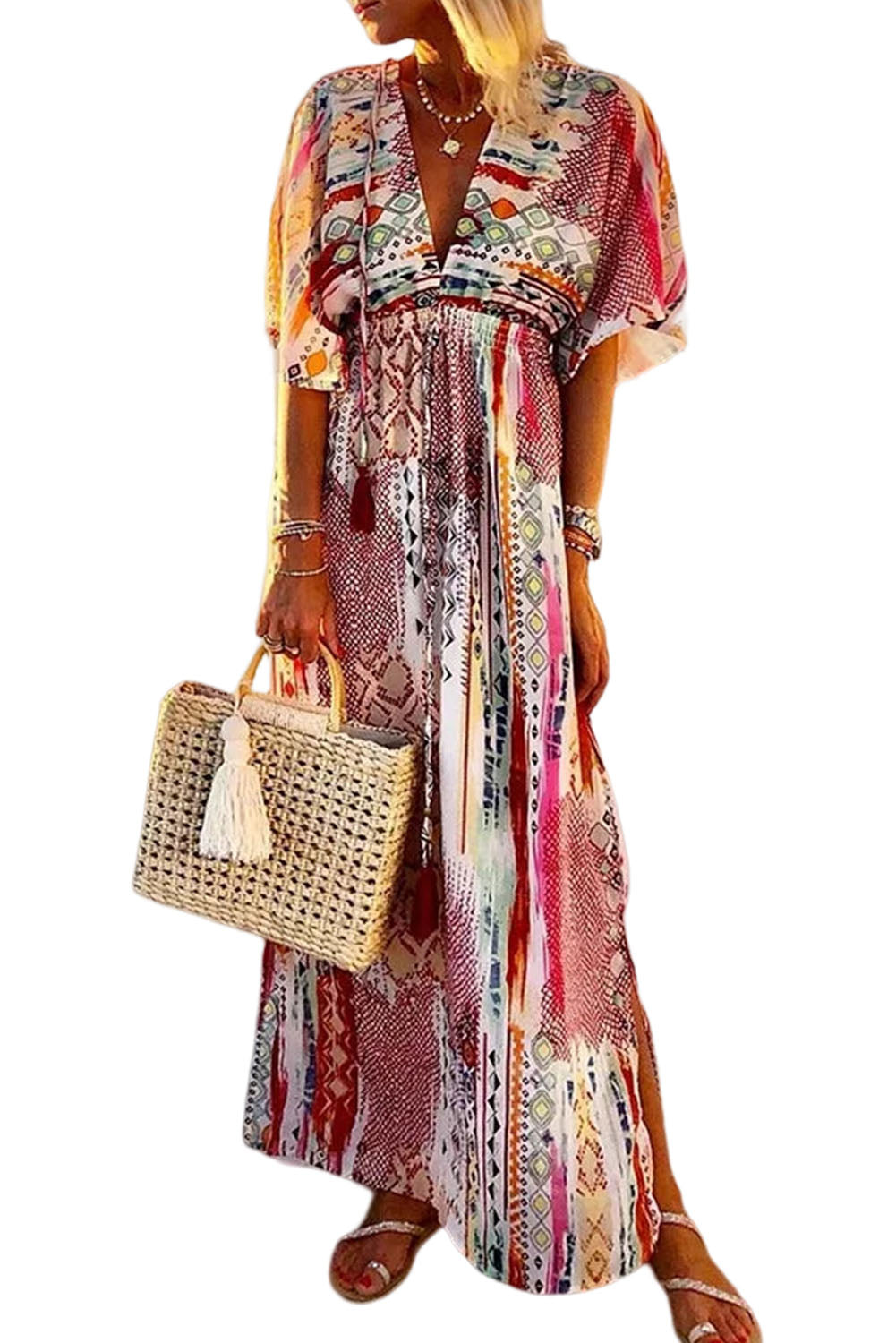 Multicolor Boho Vacation Mixed Print Deep V Maxi Dress