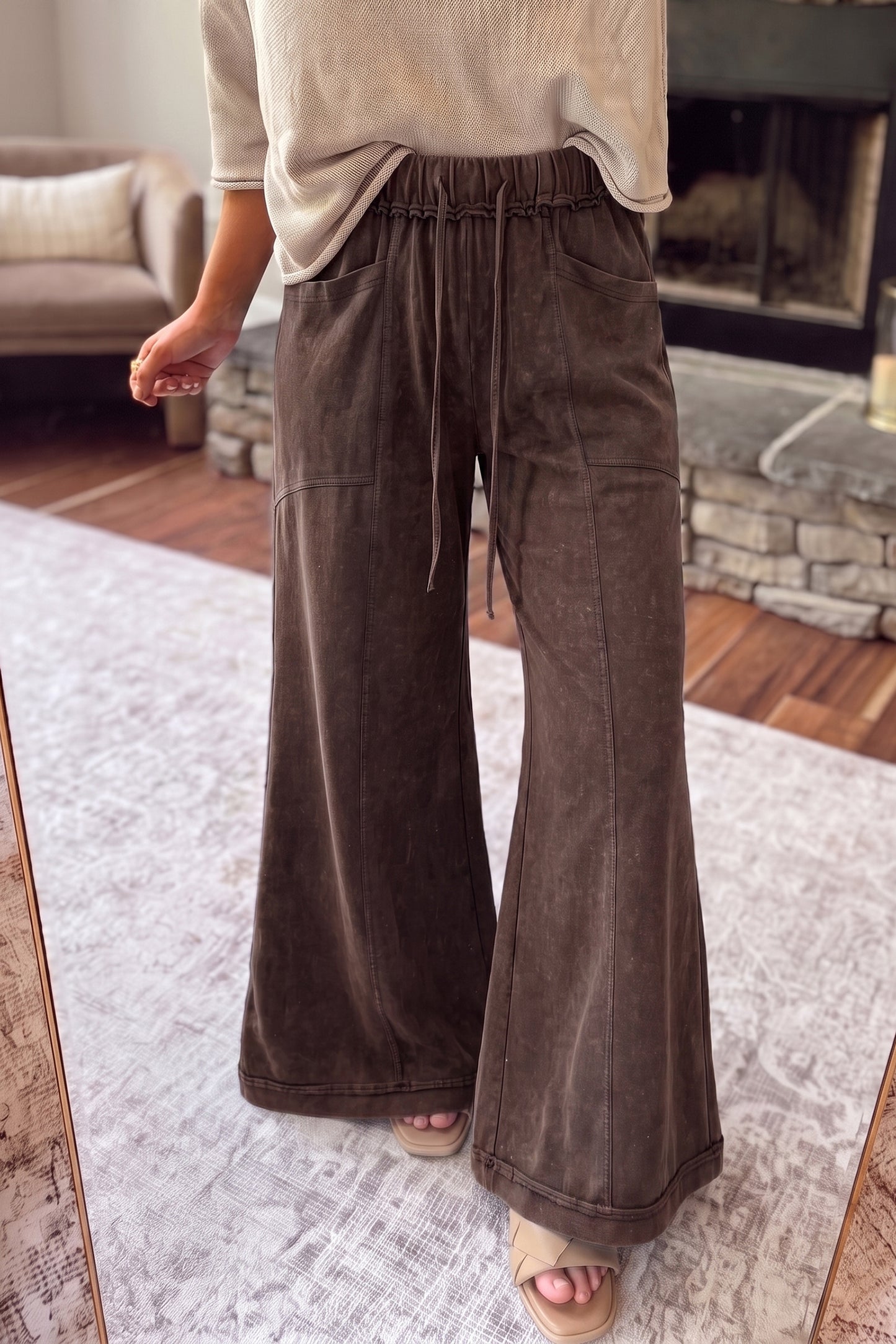 Ashleigh Blue Mineral Wash Seam Detail Flare Leg Drawstring Pants