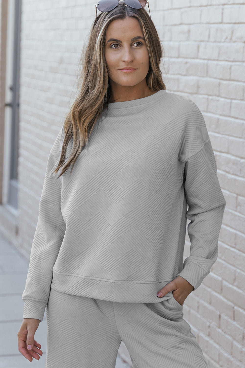 Light Grey Plus Size Textured Casual Two-Piece Pants Set