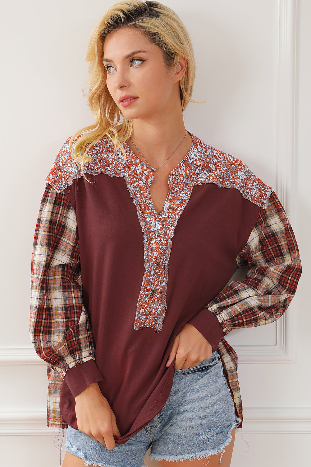 Red Dahlia Mixed Print Half Buttons Plus Size Pullover Top