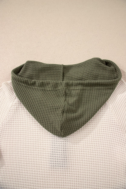 White Waffle Contrast Half Buttoned Hooded Pullover Top
