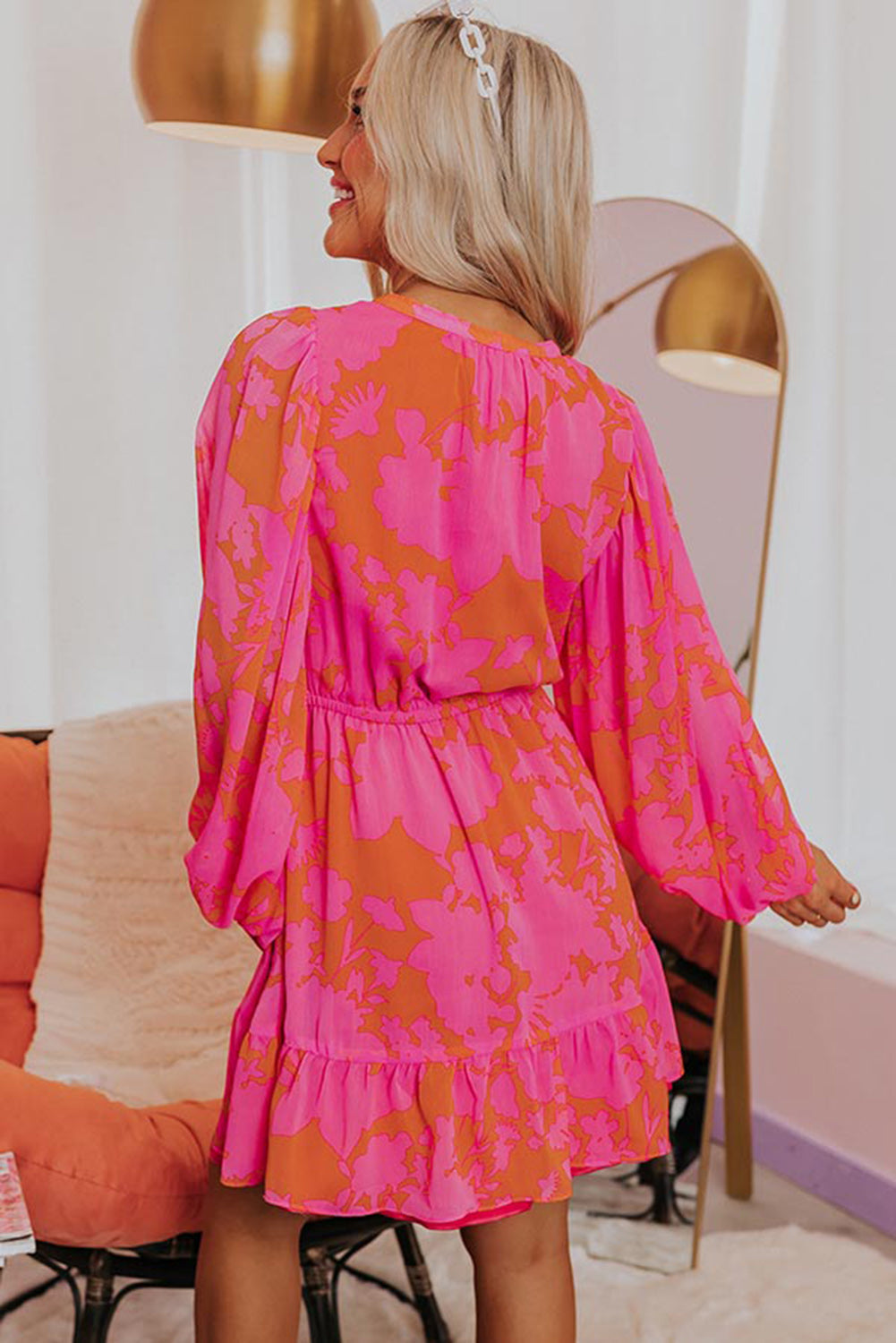 Abstract Printed Puff Sleeve Ruffle Flowy Dress