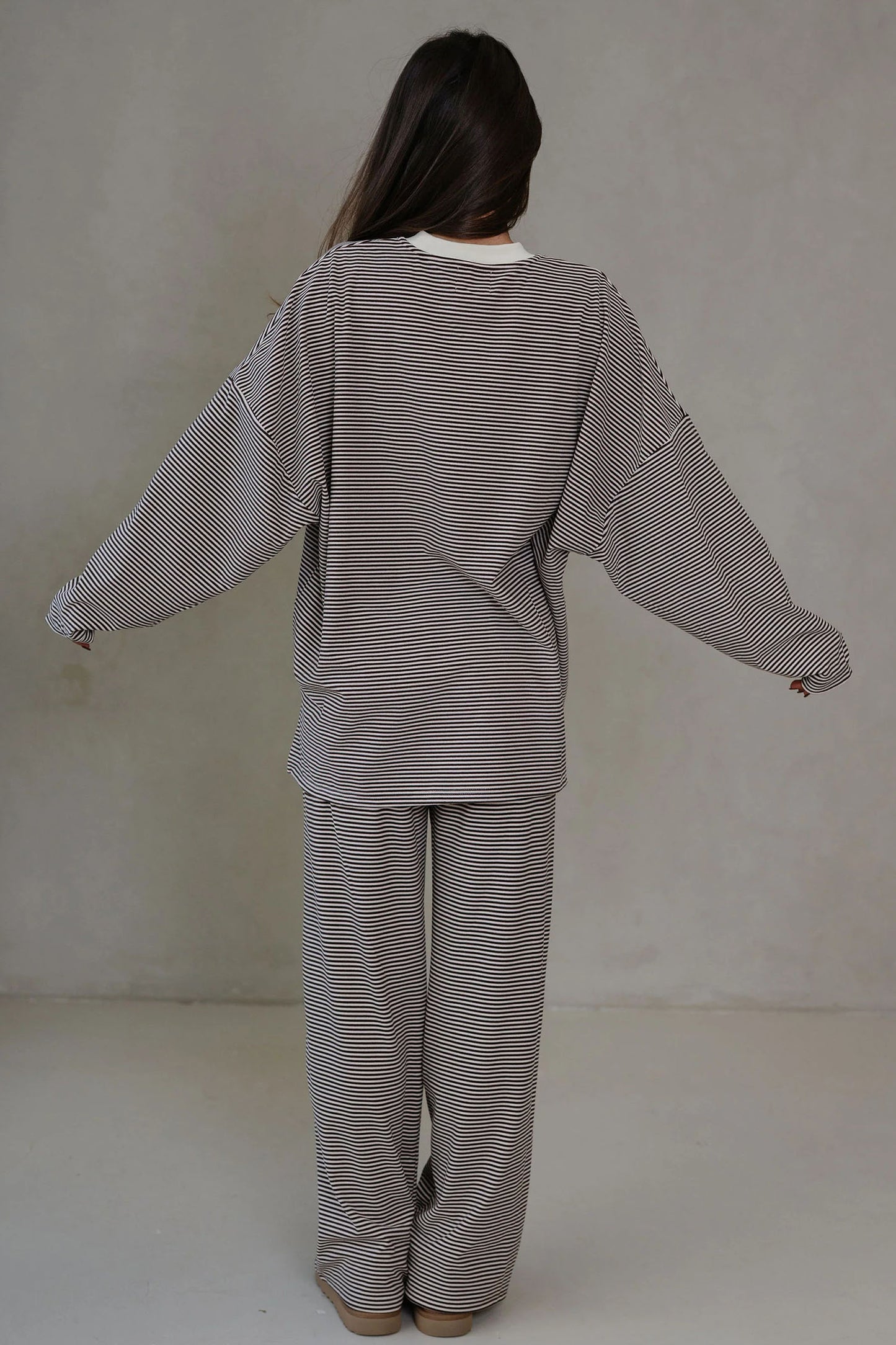 Pink Striped Drop Shoulder Long Sleeve Pant Set