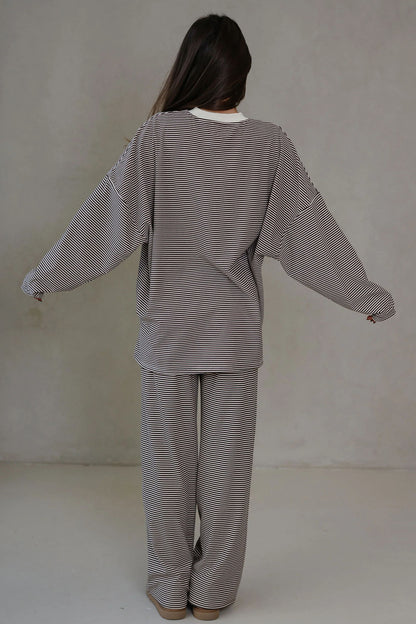 Pink Striped Drop Shoulder Long Sleeve Pant Set
