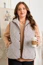 Brown Stripe Quilted Wavy Hem Snap Button Plus Size Vest