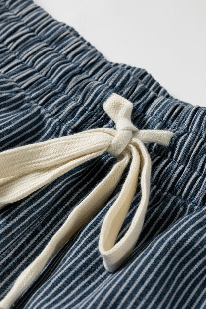 Sky Blue Stripe Plus Size Contrast Drawstring Elastic Waist Denim Shorts