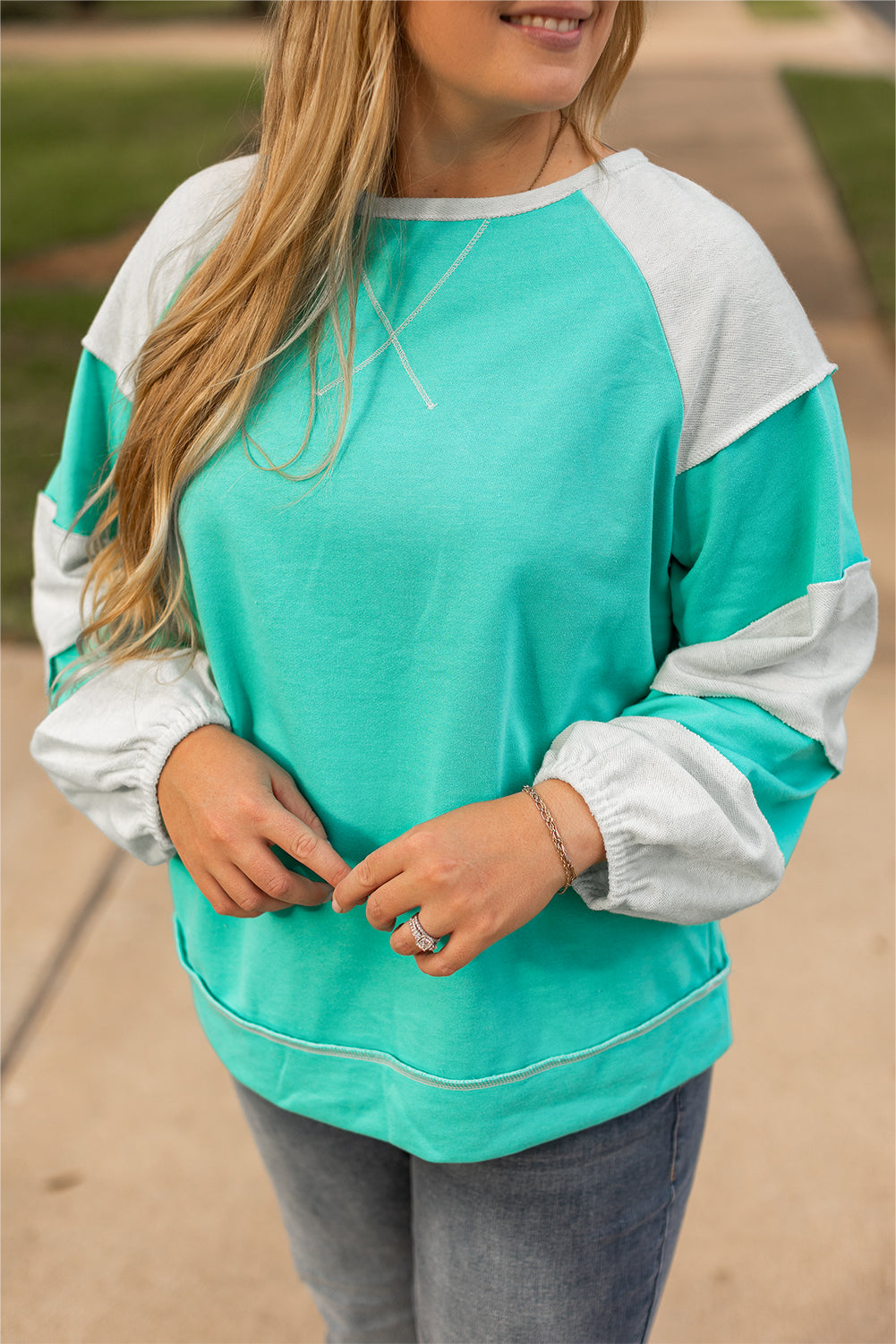 Aruba Blue Colorblock Patchwork Plus Sweatshirt