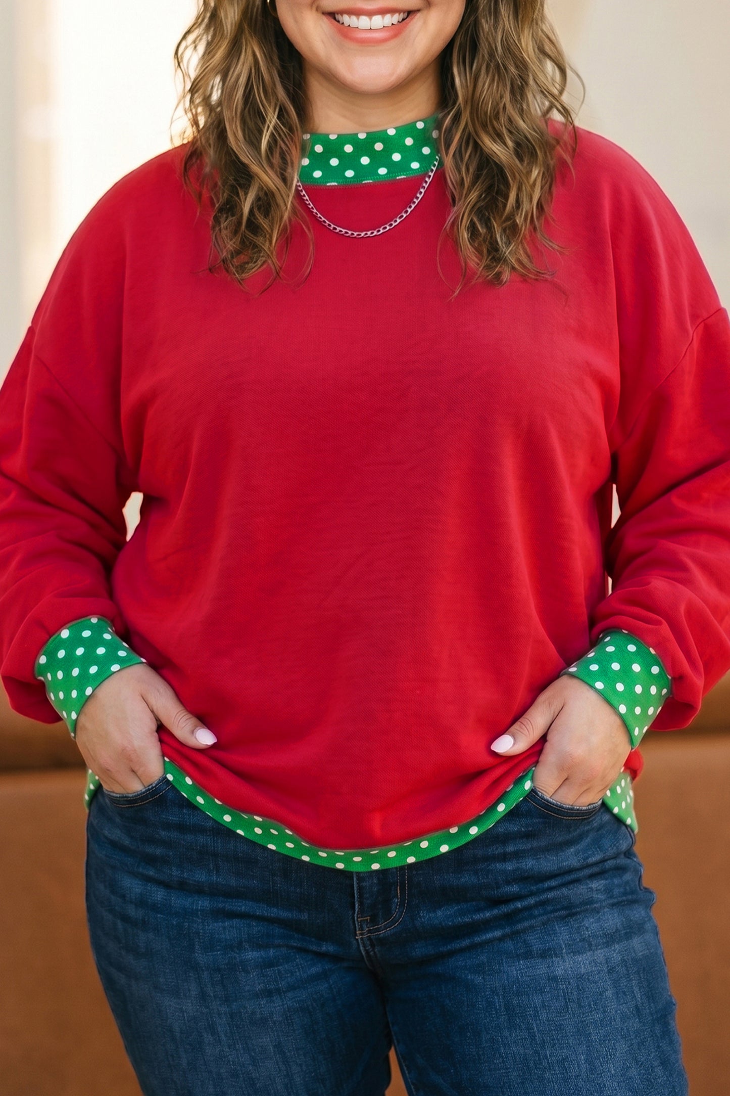 Dirty blue Polka Dot Patchwork Round Neck Plus Size Sweatshirt