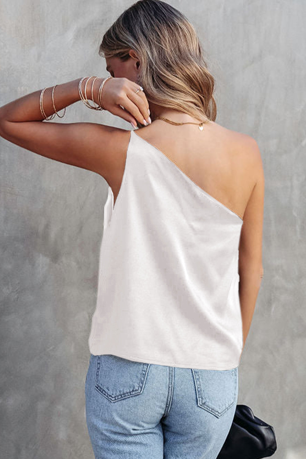 White Satin One Shoulder Loose Tank Top