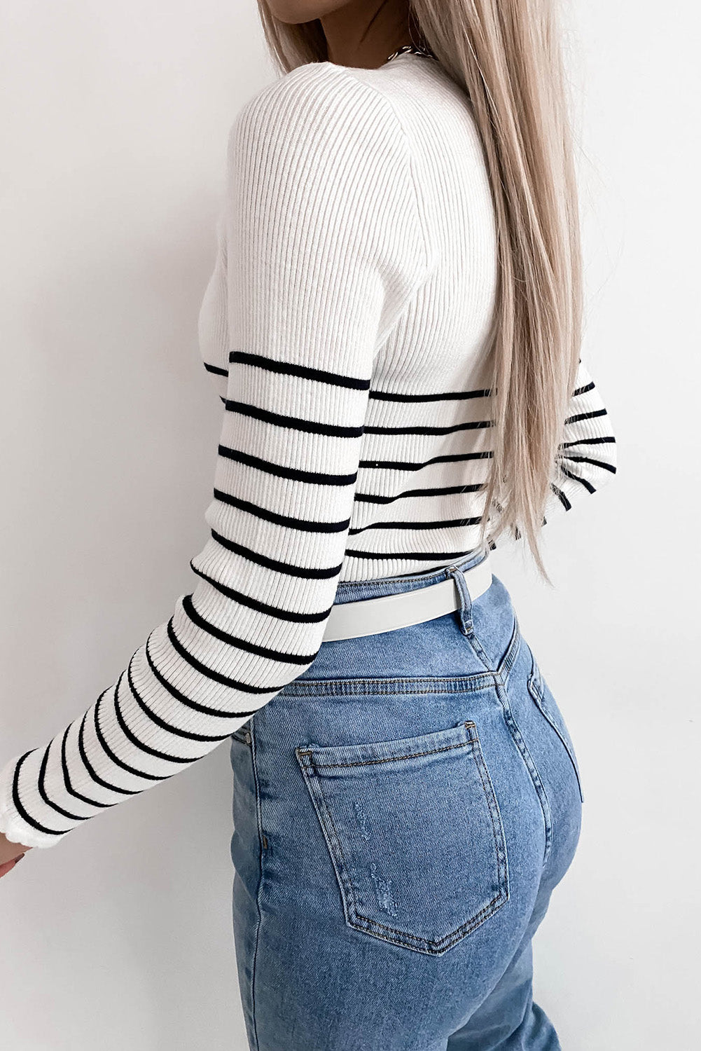 Scalloped Trim Striped Print Sweater