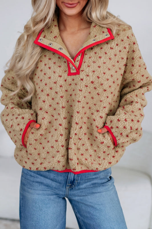 Khaki Heart Pattern Fleece Colorblock Collar Long Sleeve Sweatshirt