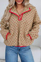 Khaki Heart Pattern Fleece Colorblock Collar Long Sleeve Sweatshirt