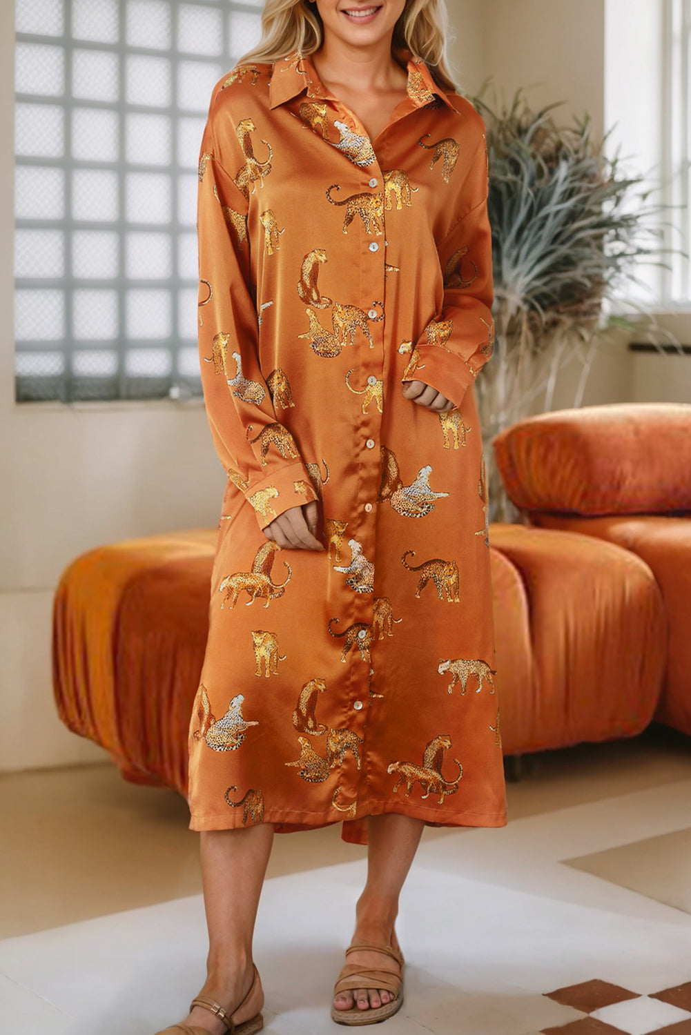 Russet Orange Cheetah Animal Print Button Up Satin Shirt