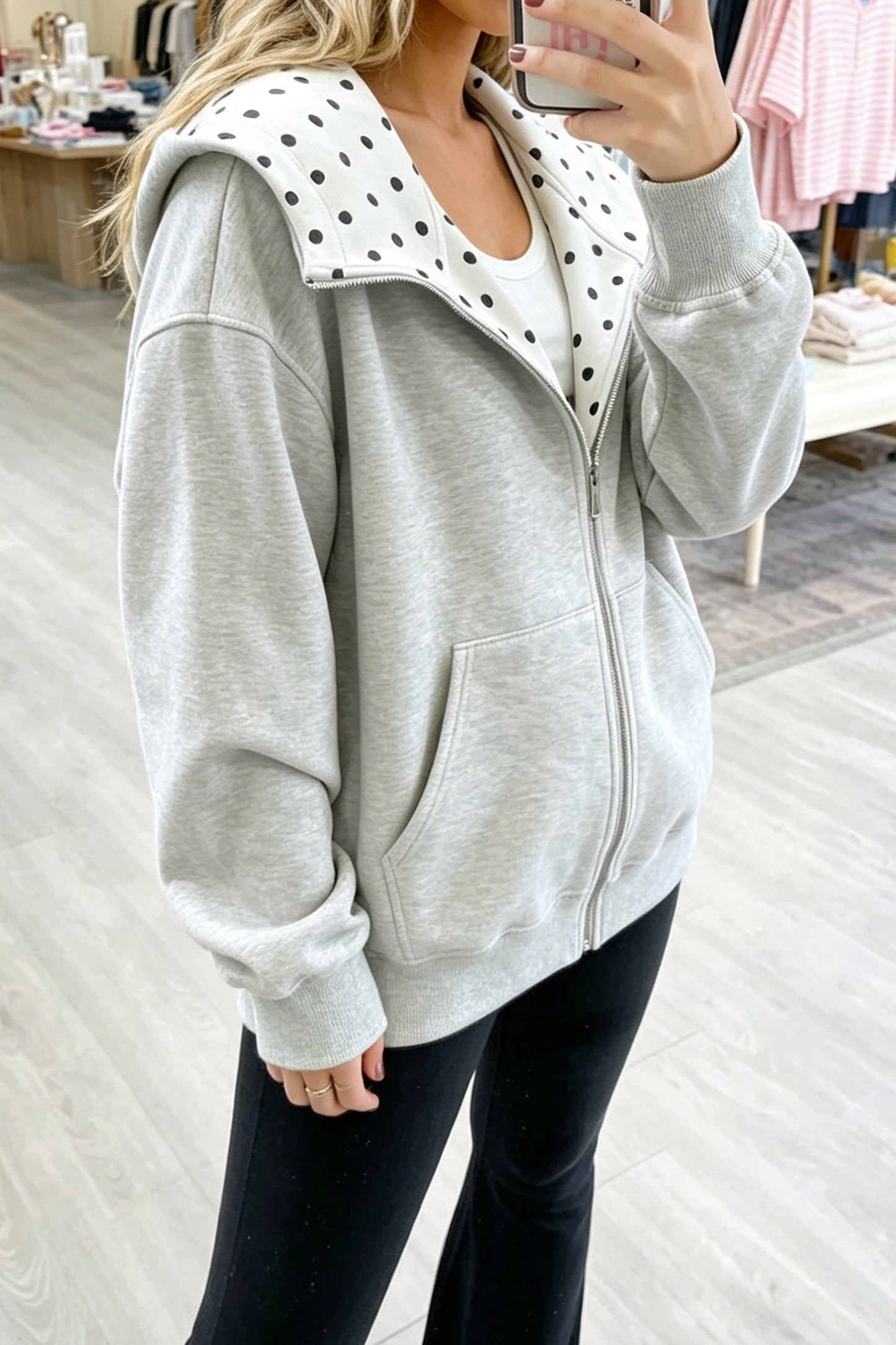Yellow Cream Polka Dot Hooded Zip-Up Sweatshirt