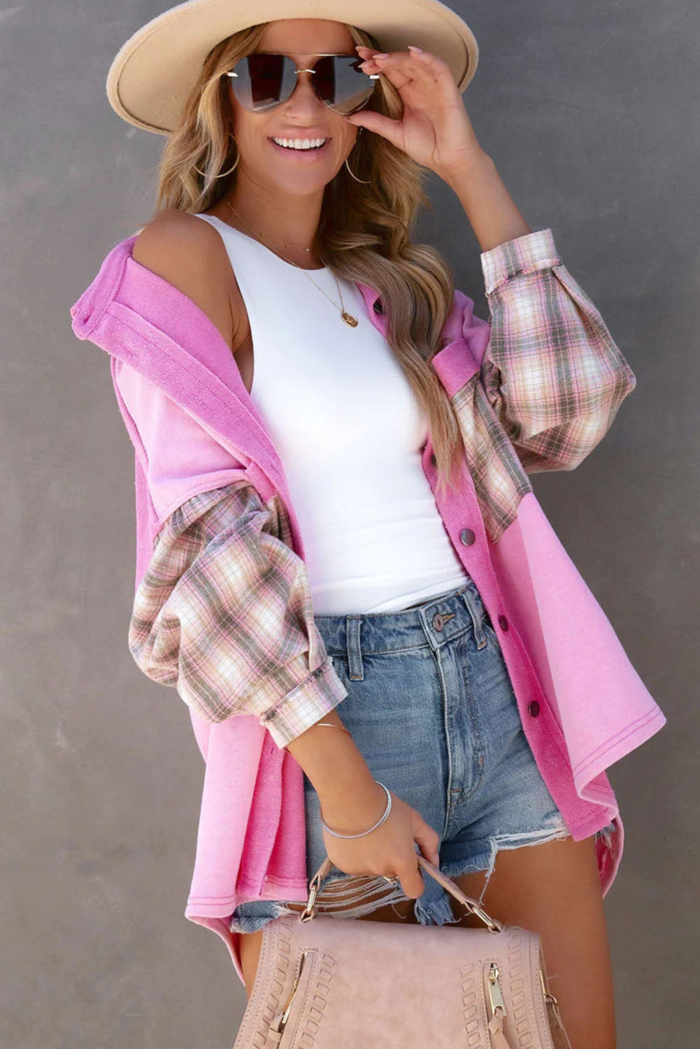 Rose Plaid Patchwork Chest Pockets Oversized Shirt Jacket