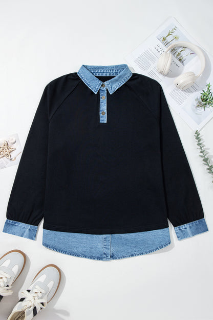 Black Solid Colorblock Long Sleeve V-Neck Plus Size Blouse