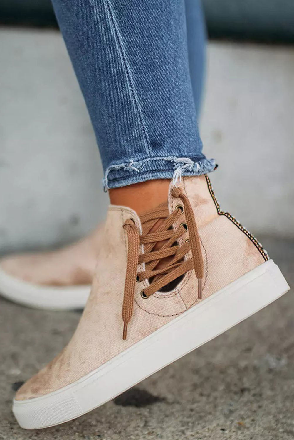 Beige High Top Drawstring Zipped Slip-on Sneakers