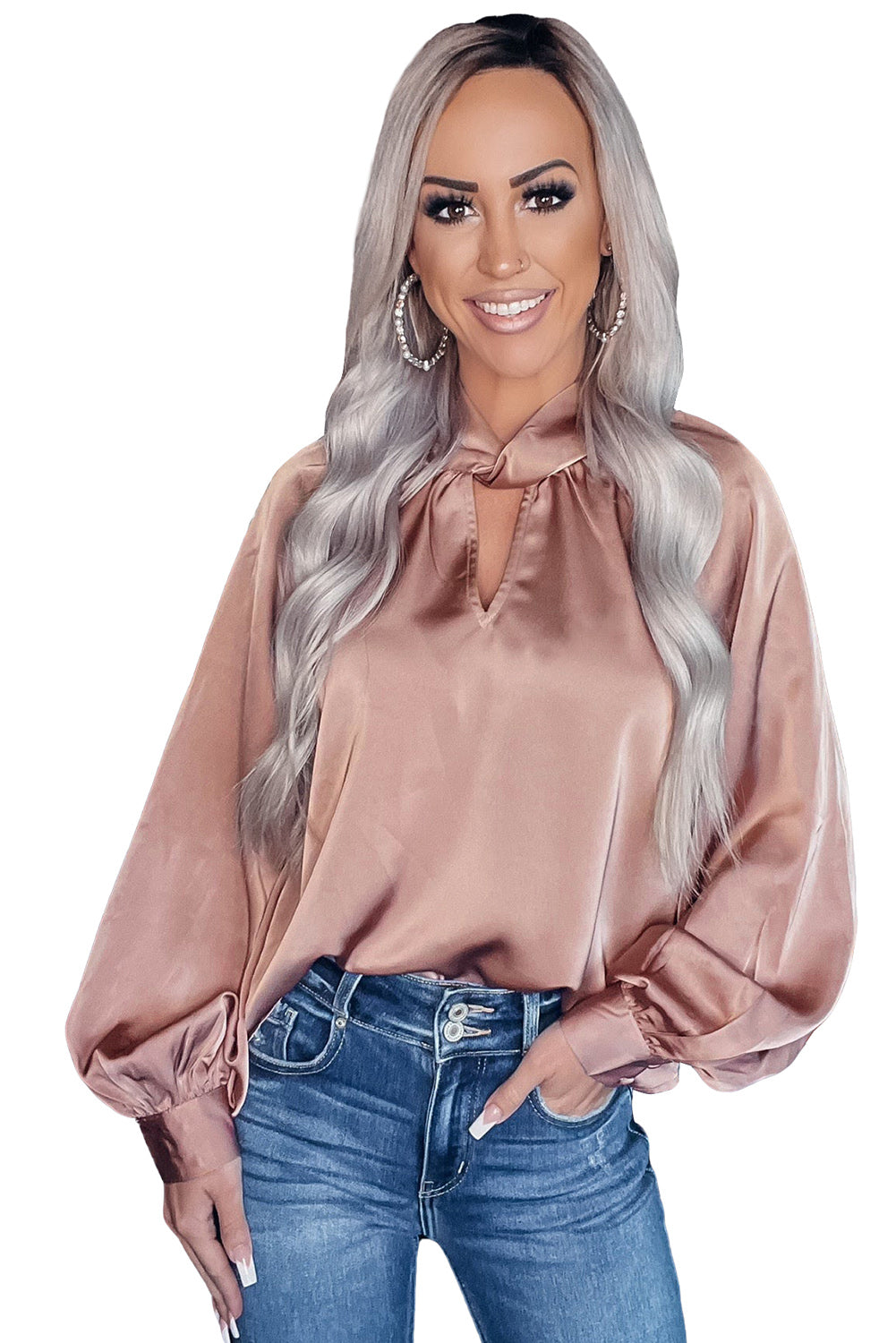 Twist High Neck Puff Sleeve Satin Blouse