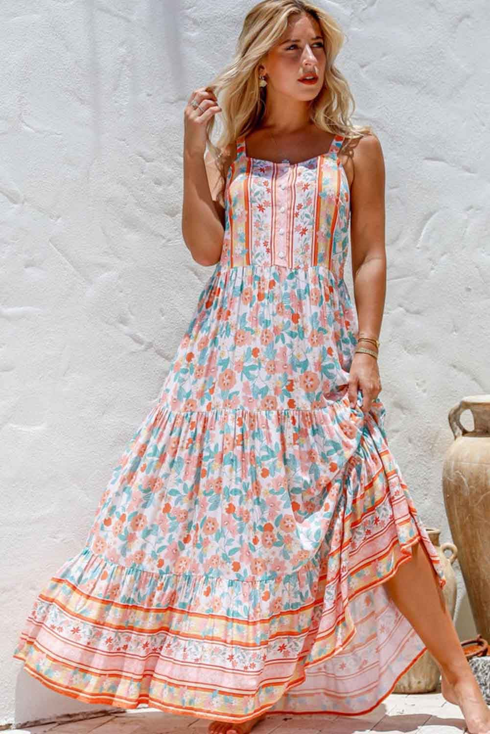 Boho Floral Print Sleeveless Tiered Maxi Dress