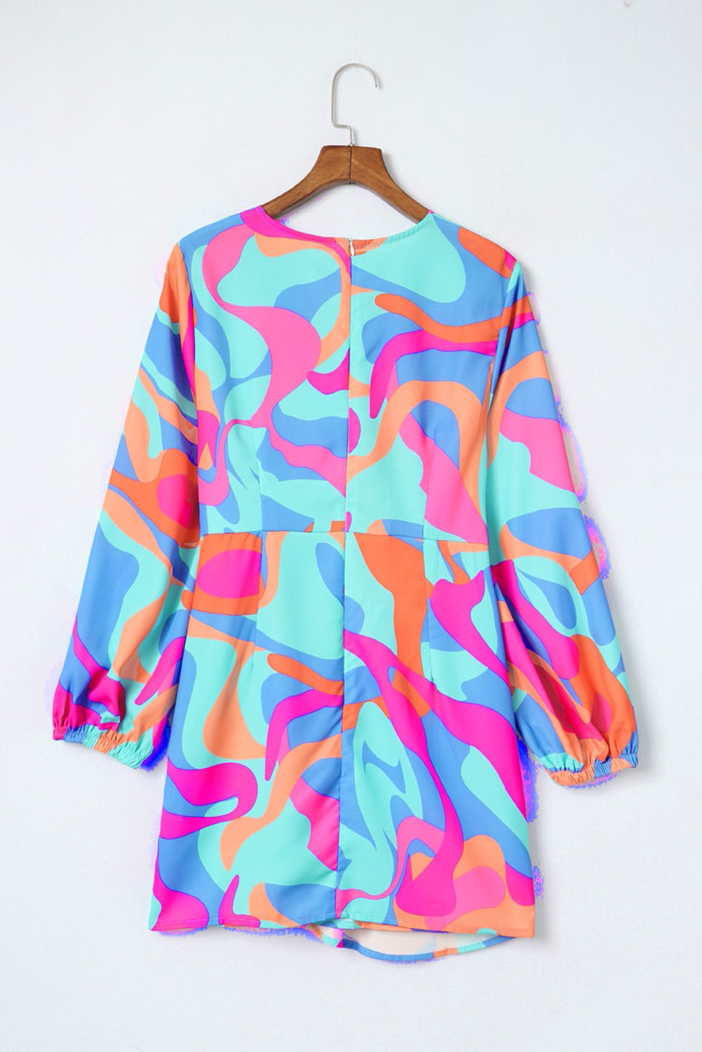 Multicolor Plus Size Abstract Print Pleated Surplice Long Sleeve Dress