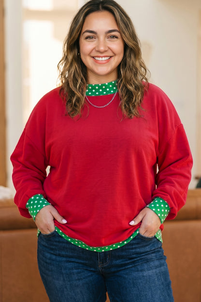 Dirty blue Polka Dot Patchwork Round Neck Plus Size Sweatshirt