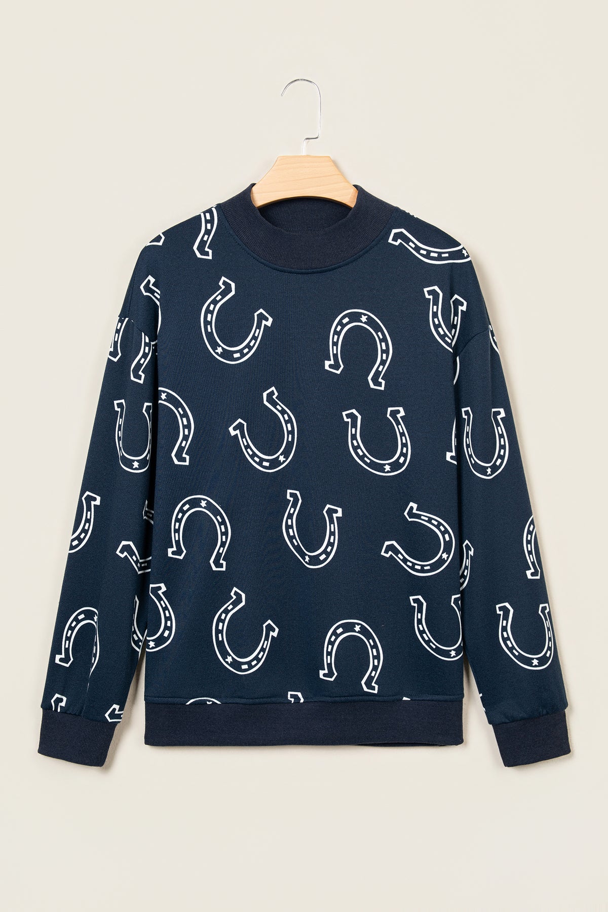 Brown Western Horseshoe Print Mock Neck Casual Pullover Sweatshirt