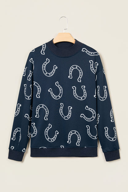 Brown Western Horseshoe Print Mock Neck Casual Pullover Sweatshirt