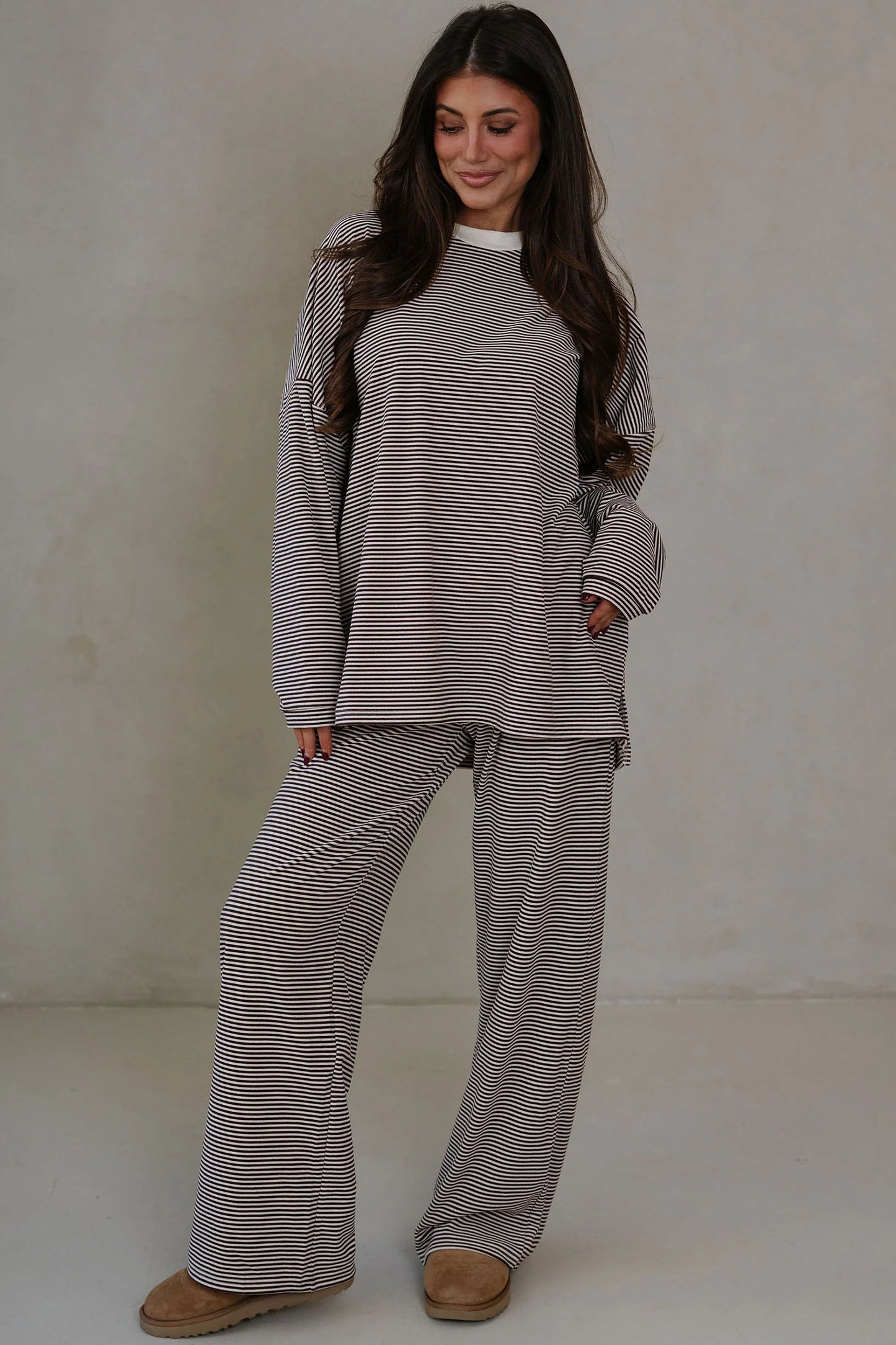 Pink Striped Drop Shoulder Long Sleeve Pant Set