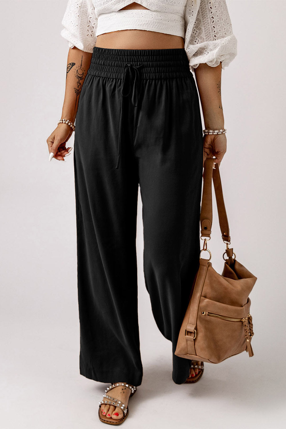 Casual Drawstring Shirred Elastic Waist Wide Leg Pants