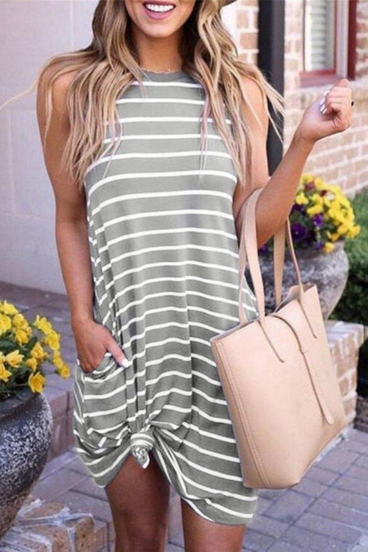 Stripe Print Side Pockets O-neck Sleeveless Mini Dress