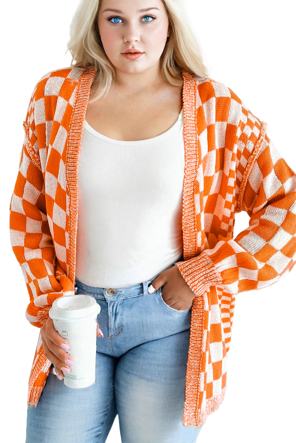 Orange Checkered Bubble Sleeve Plus Size Drop Shoulder Knit Cardigan