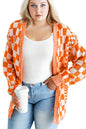 Orange Checkered Bubble Sleeve Plus Size Drop Shoulder Knit Cardigan